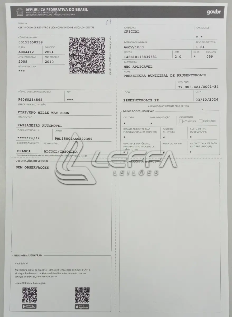LOTE 005 - UM VEÍCULO FIAT UNO, ANO 2009, MODELO 2010, PLACAS ARO-4412 