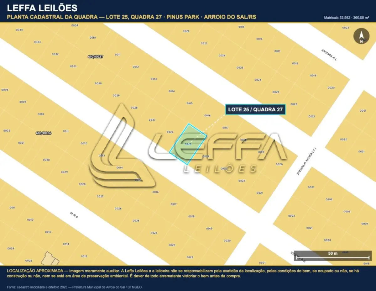 LOTE 001 - DIREITOS E AÇÕES DE UM TERRENO URBANO, SEM BENFEITORIAS, COM A ÁREA DE 360,00M², SITUADO NO LUGAR DENOMINADO PINUS PARK, NA CIDADE DE ARROIO DO SAL/RS