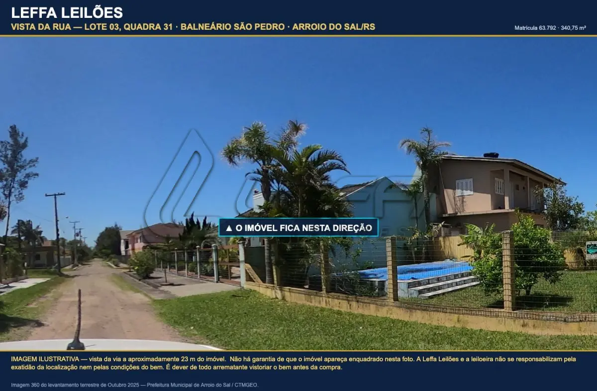 LOTE 001 - UM TERRENO URBANO, COM BENFEITORIAS, COM A ÁREA DE 340,75M², SITUADO NO LUGAR DENOMINADO BALNEÁRIO SÃO PEDRO, NA CIDADE DE ARROIO DO SAL/RS