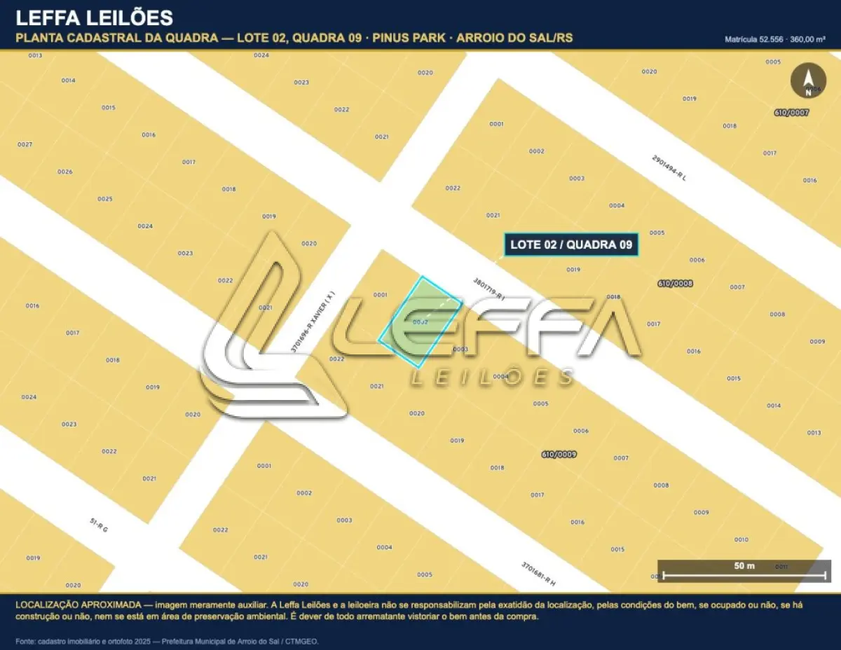 LOTE 002 - DIREITOS E AÇÕES DE UM TERRENO URBANO, SEM BENFEITORIAS, COM A ÁREA DE 360,00M², SITUADO NO LUGAR DENOMINADO PINUS PARK, NA CIDADE DE ARROIO DO SAL/RS