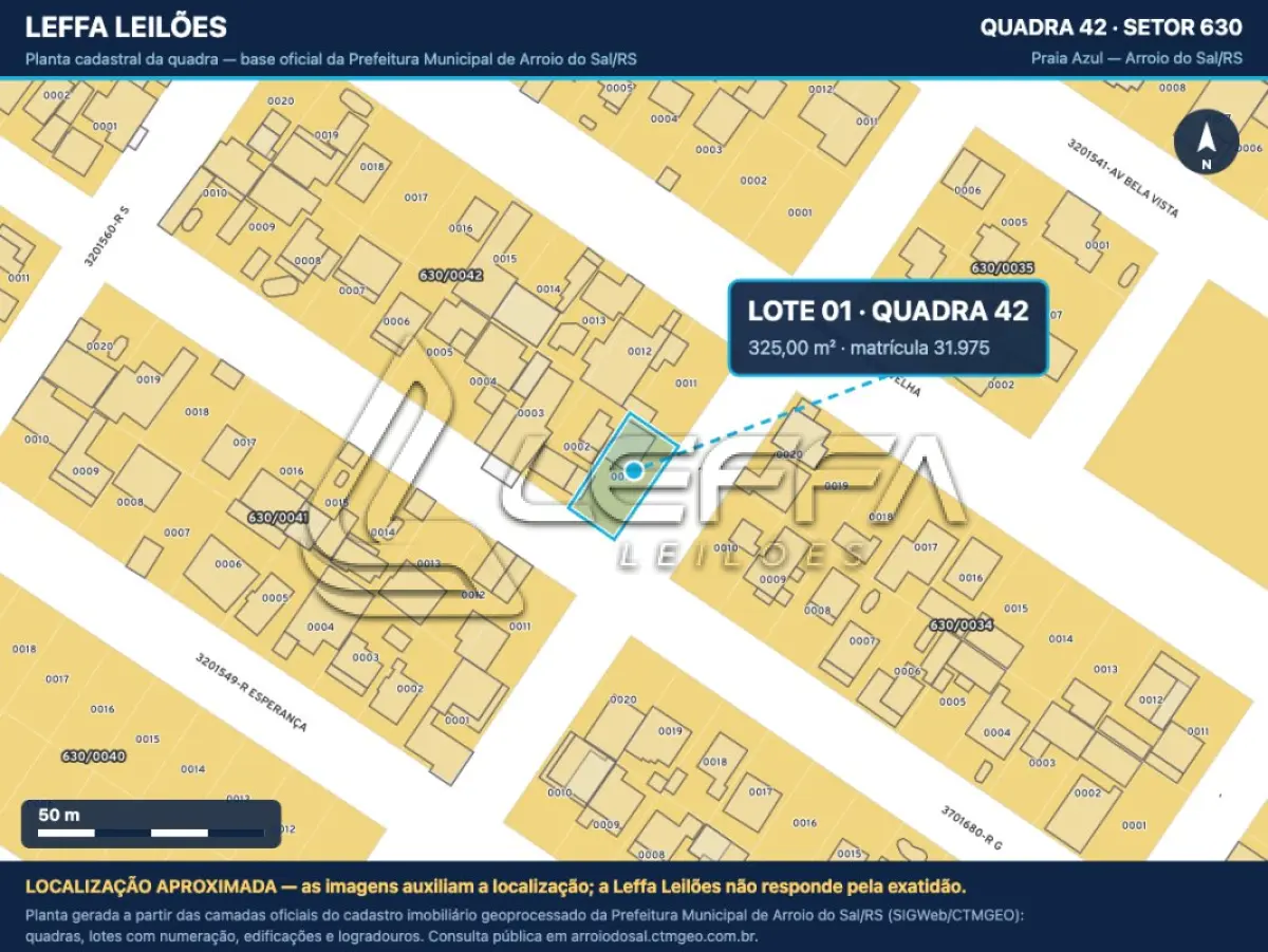 LOTE 001 - UM TERRENO URBANO, COM BENFEITORIAS, SITUADO NO LUGAR DENOMINADO PRAIA AZUL, LOTE 01 DA QUADRA 42, NA CIDADE DE ARROIO DO SAL/RS
