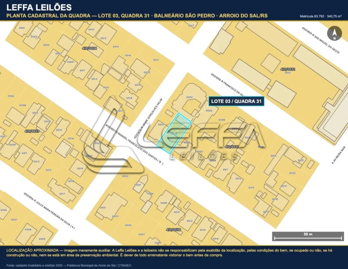 LOTE 001 - UM TERRENO URBANO, COM BENFEITORIAS, COM A ÁREA DE 340,75M², SITUADO NO LUGAR DENOMINADO BALNEÁRIO SÃO PEDRO, NA CIDADE DE ARROIO DO SAL/RS