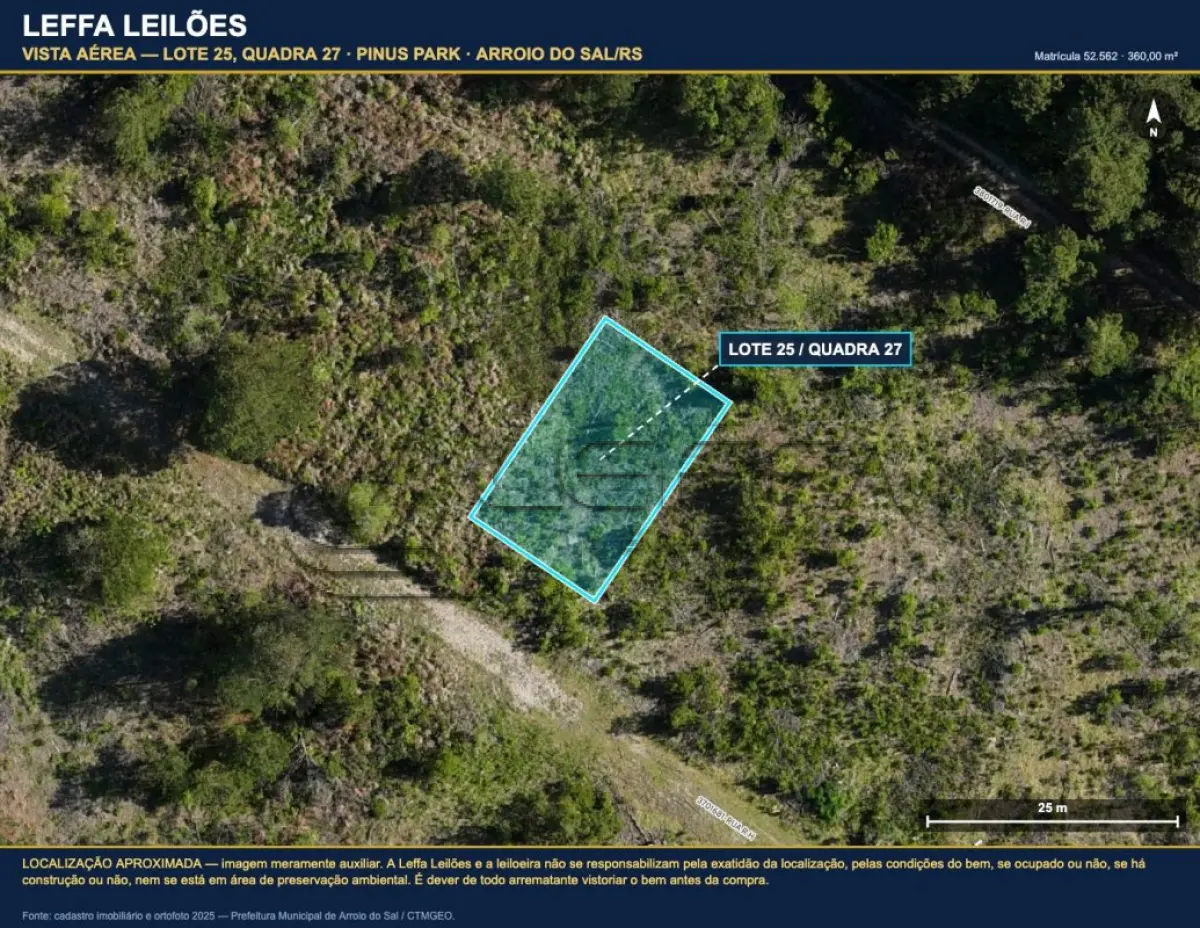 LOTE 001 - DIREITOS E AÇÕES DE UM TERRENO URBANO, SEM BENFEITORIAS, COM A ÁREA DE 360,00M², SITUADO NO LUGAR DENOMINADO PINUS PARK, NA CIDADE DE ARROIO DO SAL/RS
