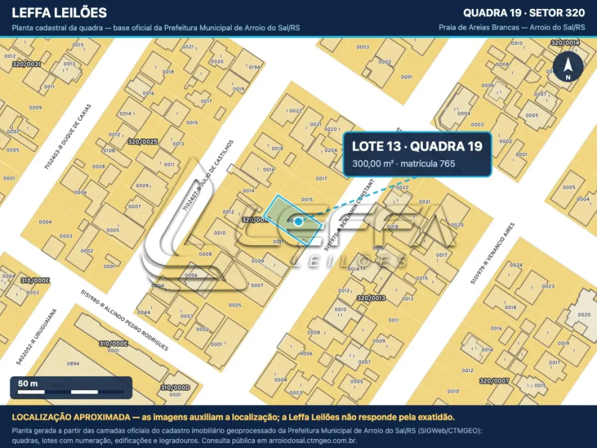 LOTE 001 - UM TERRENO URBANO, SEM BENFEITORIAS, COM A ÁREA DE 300,00M², SITUADO NO LUGAR DENOMINADO PRAIA DE AREIAS BRANCAS, NA CIDADE DE ARROIO DO SAL/RS