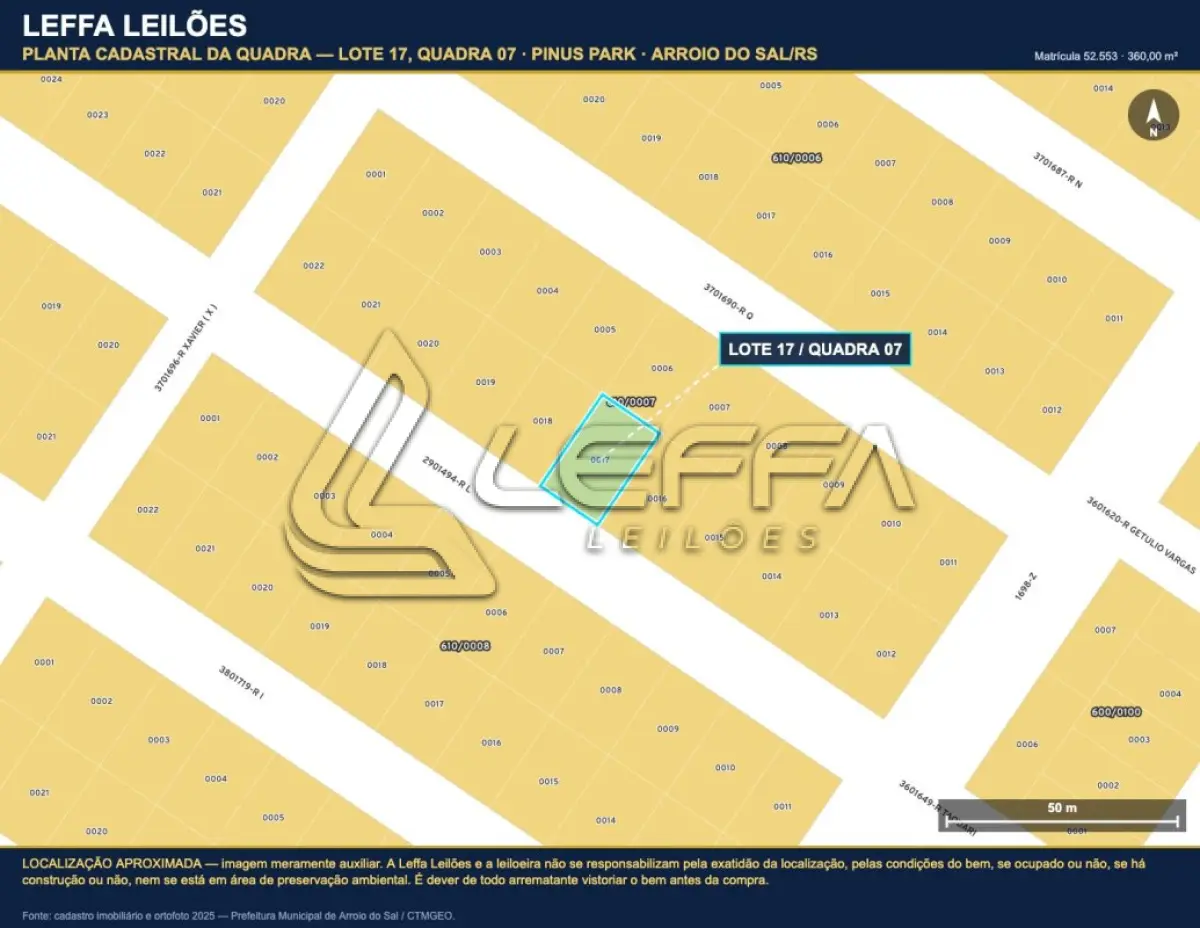LOTE 005 - DIREITOS E AÇÕES DE UM TERRENO URBANO, SEM BENFEITORIAS, COM A ÁREA DE 360,00M², SITUADO NO LUGAR DENOMINADO PINUS PARK, NA CIDADE DE ARROIO DO SAL/RS