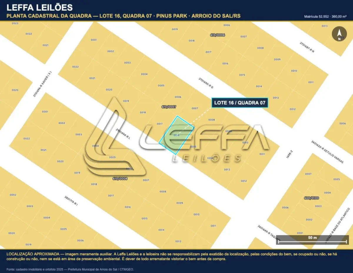 LOTE 006 - DIREITOS E AÇÕES DE UM TERRENO URBANO, SEM BENFEITORIAS, COM A ÁREA DE 360,00M², SITUADO NO LUGAR DENOMINADO PINUS PARK, NA CIDADE DE ARROIO DO SAL/RS