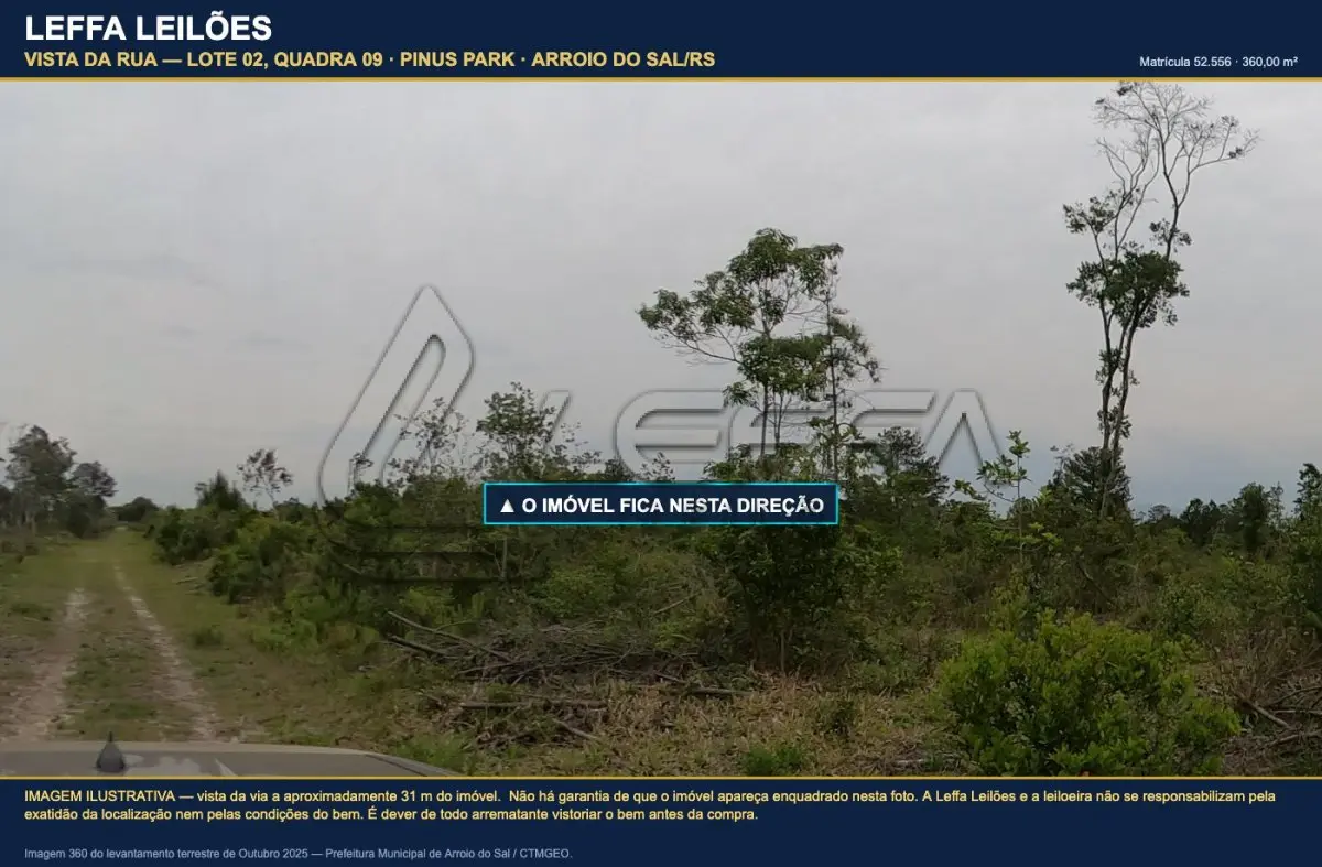 LOTE 002 - DIREITOS E AÇÕES DE UM TERRENO URBANO, SEM BENFEITORIAS, COM A ÁREA DE 360,00M², SITUADO NO LUGAR DENOMINADO PINUS PARK, NA CIDADE DE ARROIO DO SAL/RS