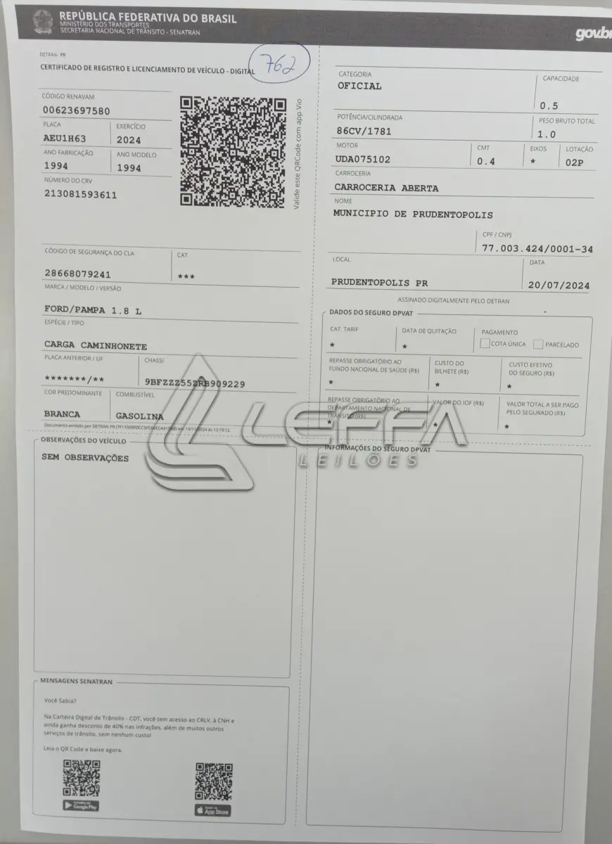 LOTE 010 - UM VEÍCULO FORD PAMPA, ANO E MODELO 1994, PLACAS AEU1H63 
