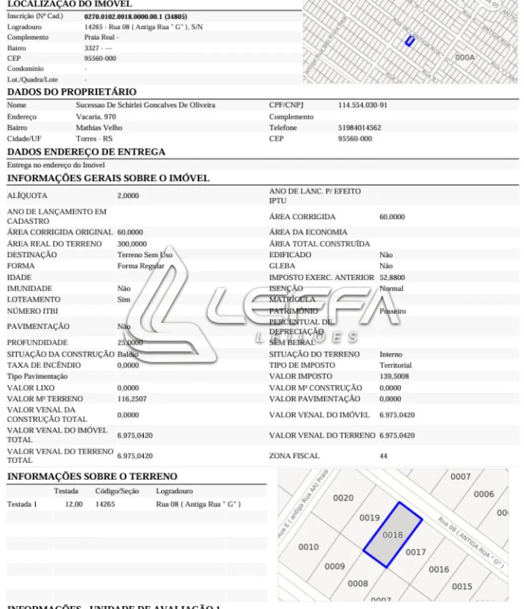 LOTE 001 - UM TERRENO URBANO, SEM BENFEITORIAS, SITUADO NA PRAIA REAL, NO MUNICÍPIO DE  TORRES/RS.