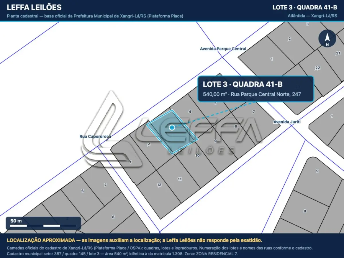 LOTE 001 - UM TERRENO URBANO, COM BENFEITORIAS, SITUADO NA RUA PARQUE CENTRAL NORTE, Nº 247, LUGAR DENOMINADO ATLÂNTIDA, NO MUNICÍPIO DE XANGRI-LÁ/RS, COM ÁREA DE 540,00M².